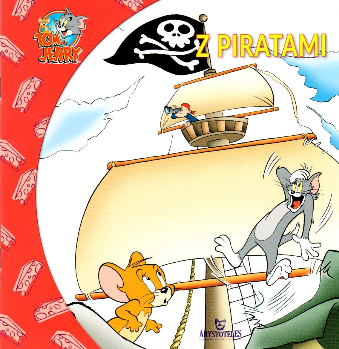 Okładka rysunkowa. Przestraszony kot i zdziwiona mała myszka patrzą na pirata siedzącego w bocianim gnieździe na maszcie.
