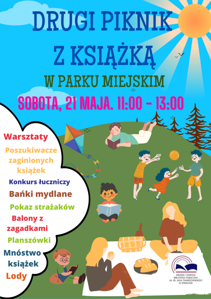 Plakat z informacja o II Pikniku z książką. Na plakacie dzieci z książkami, rysunkowe wzgórze i słońce oraz treść z atrakcjami.