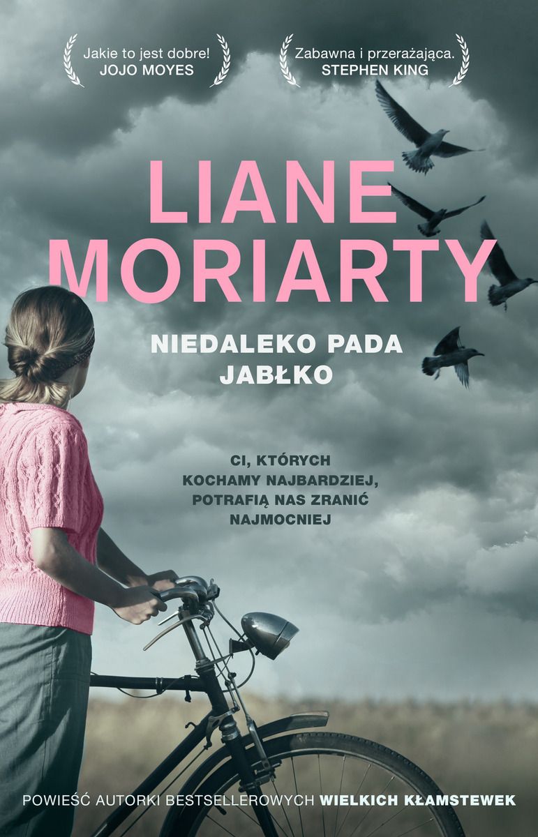 Na okładce stojąca bokiem kobieta w różowym sweterku. Kobieta trzyma kierownicę od roweru. W tle ciemne chmury, ptaki.