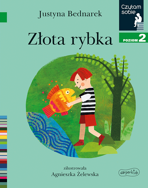 Okładka rysunkowa. Chłopiec nad wodą trzymający w rękach złotą rybkę. W tle zieleń drzew.