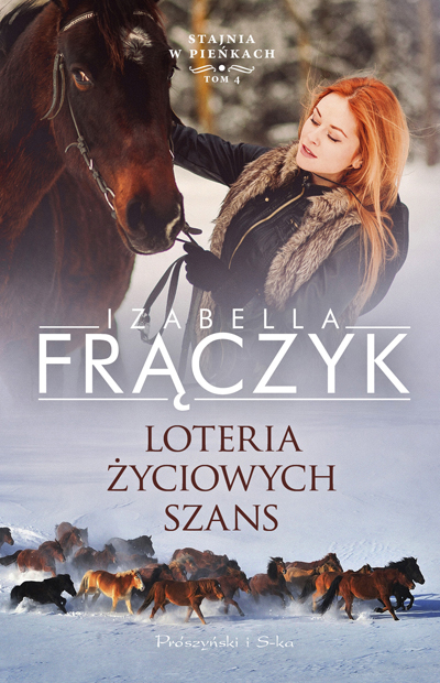 W górnej części okładki rudowłosa kobieta głaszcząca konia i trzymająca lejce. Na dole stado koni biegnących w śniegu.