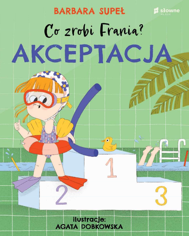 Okładka rysunkowa. Dziewczynka na basenie, w stroju kąpielowym, z kółkiem dmuchanym stoi na podium na drugiej pozycji