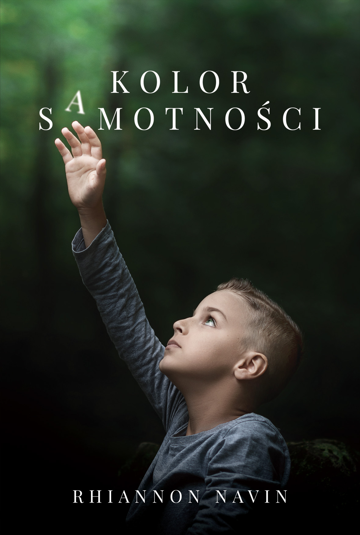 Na okładce lewy profil chłopca w szarej bluzce, patrzącego w górę i wyciągającego w górę rękę. W tle zieleń drzew