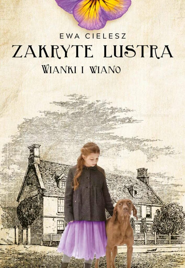 Na okładce dziewczynka w płaszczu i fioletowej spódnicy z psem. W tle rysunkowy dom