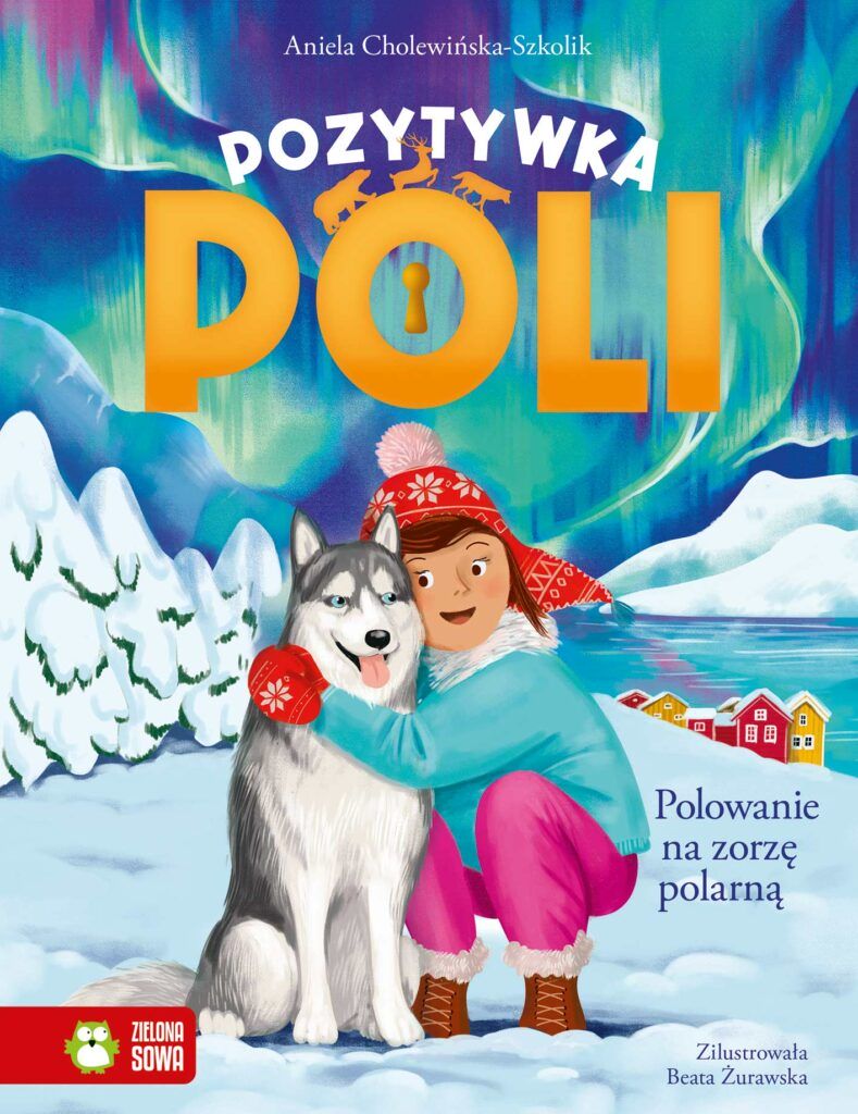 Okładka rysunkowa. Dziewczynka w zimowych ubraniach przytula niebieskookiego psa huskiego. W tle śnieg, zorza polarna
