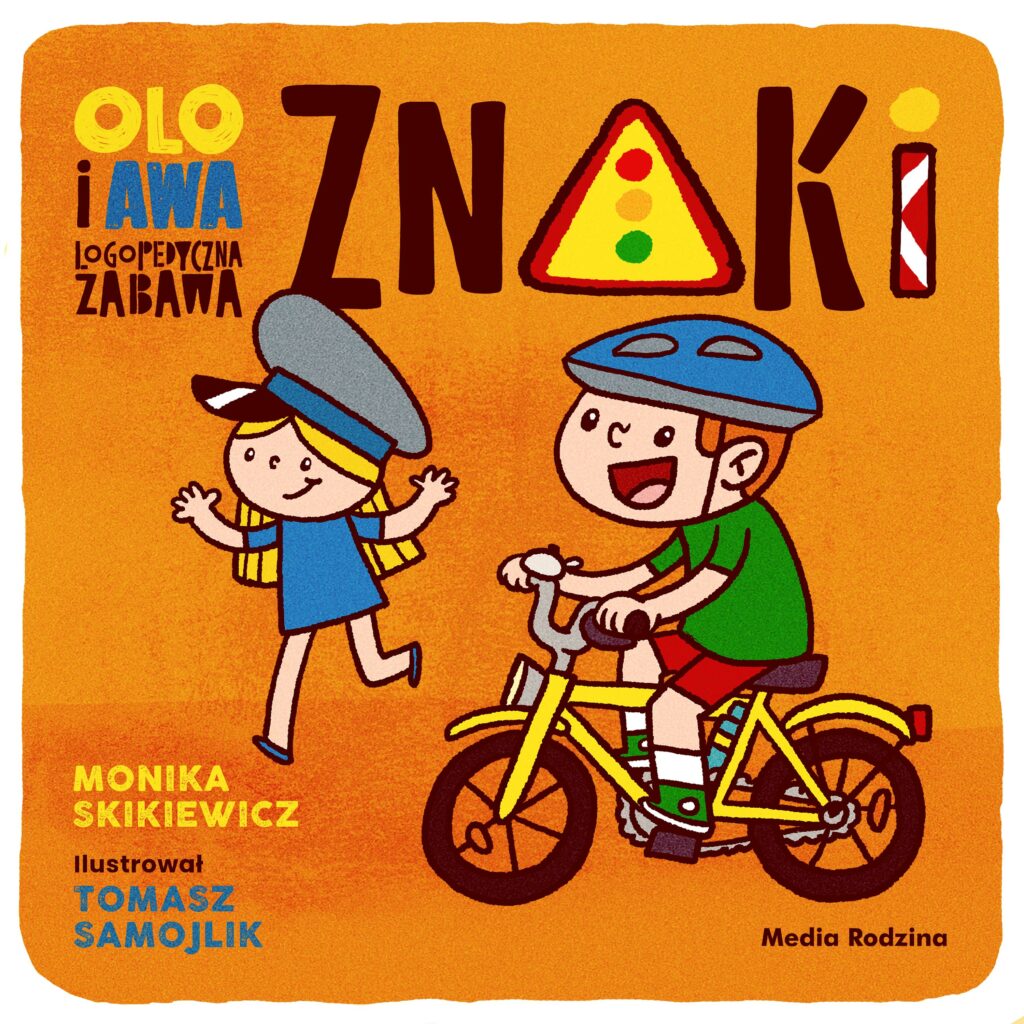 Okładka rysunkowa. Na pomarańczowym tle chłopiec jadący na rowerze w kasku i dziewczynka w czapce policjanta
